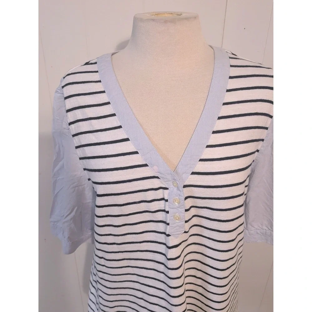 LOFT Striped Henley Top XL White Navy Mixed Media Puff Sleeve Nautical Preppy